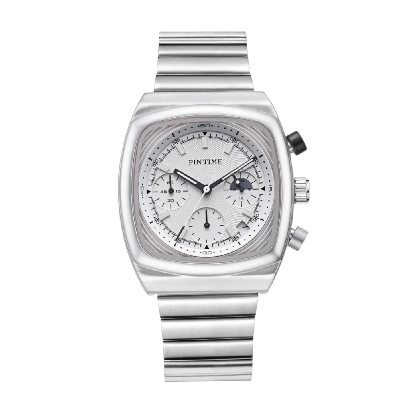 Montre homme carré sport chronographe cadran blanc argent bracelet intégré 45mm