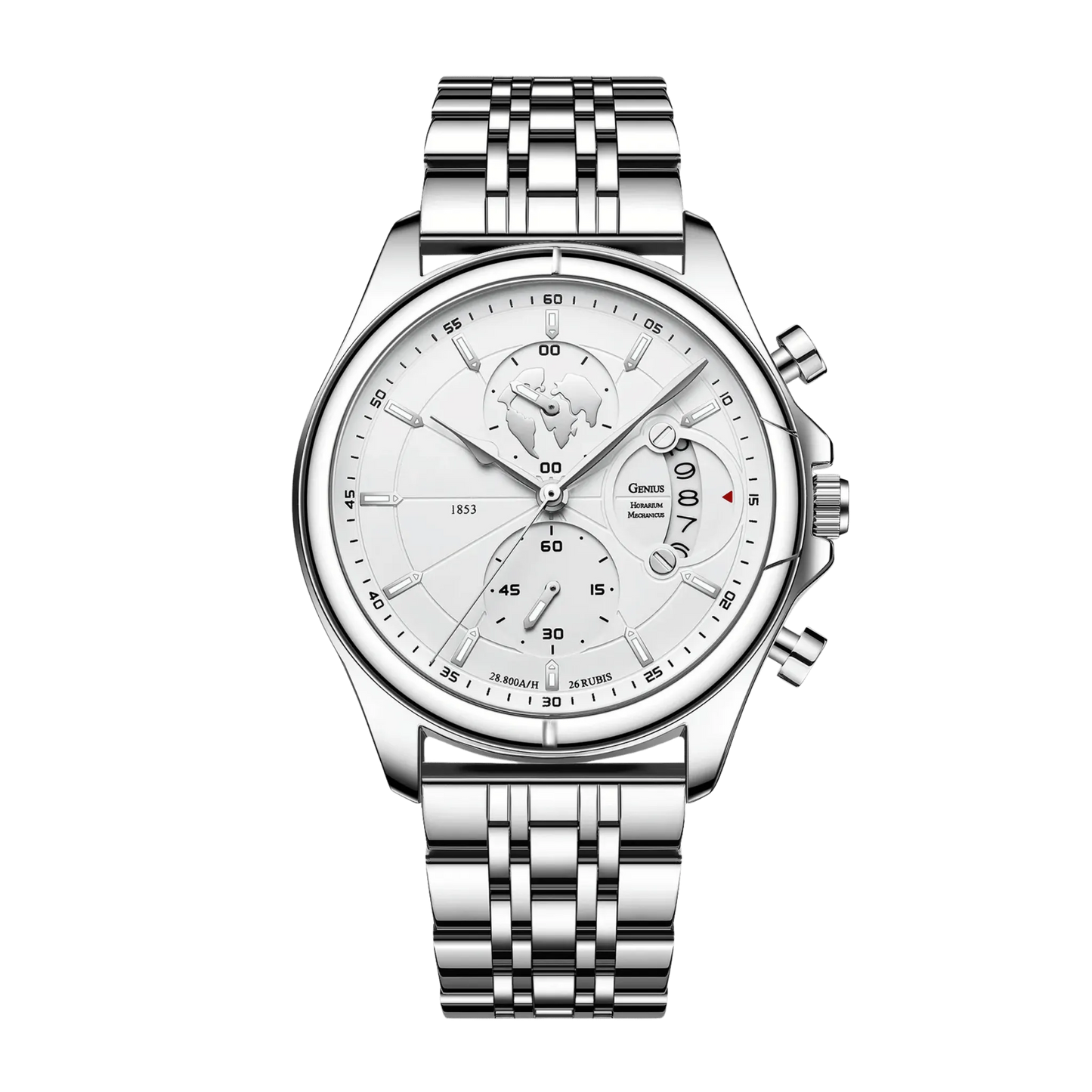 Montre homme luxe chronographe verre saphir argent cadran blanc bracelet acier 42mm