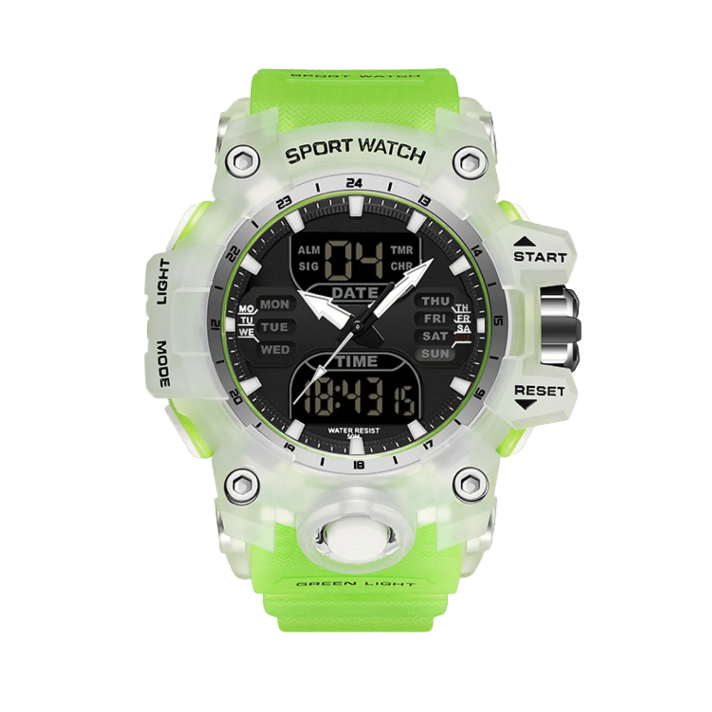 Montre homme sport digitale analogique étanche 50m blanc et vert 56mm