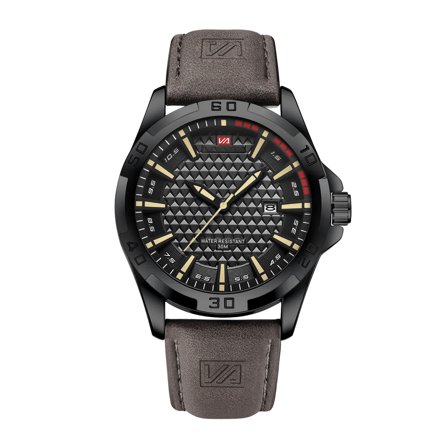 Montre homme sport luxe cadran noir accents rouges bracelet cuir marron 45mm