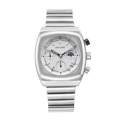 Montre homme carré sport chronographe cadran blanc argent bracelet intégré 45mm