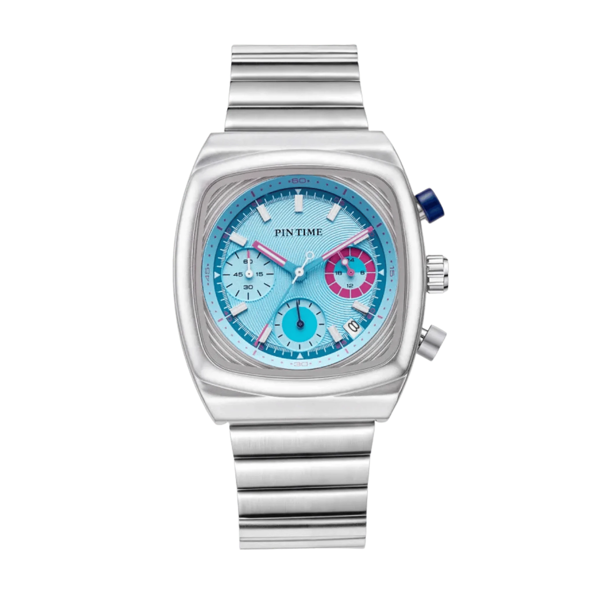 Montre homme carré sport chronographe cadran bleu argent bracelet intégré 45mm