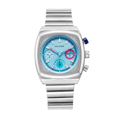 Montre homme carré sport chronographe cadran bleu argent bracelet intégré 45mm