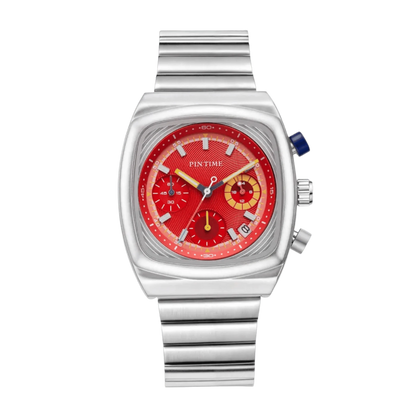 Montre homme carré sport chronographe cadran rouge argent bracelet intégré 45mm