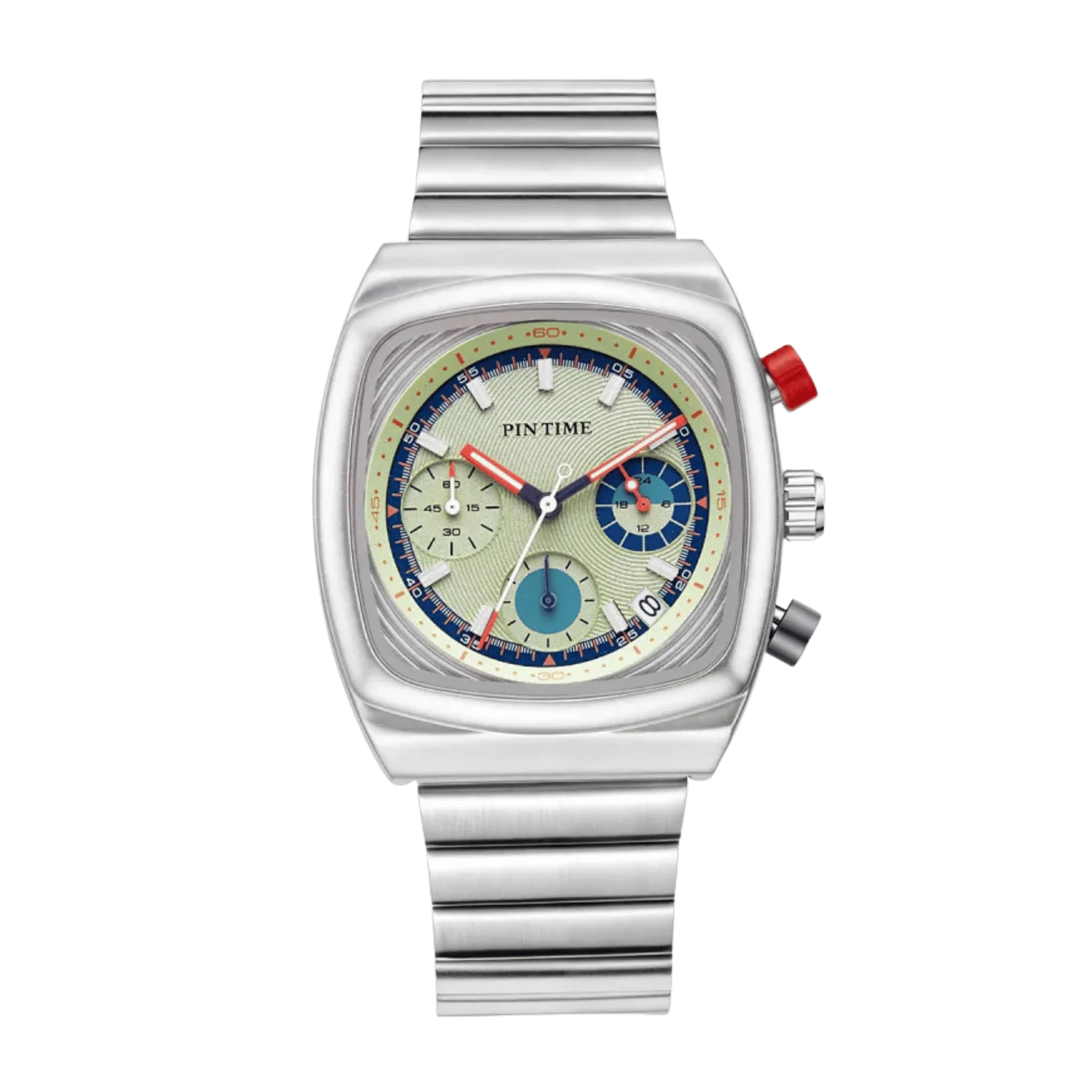 Montre homme carré sport chronographe cadran vert argent bracelet intégré 45mm