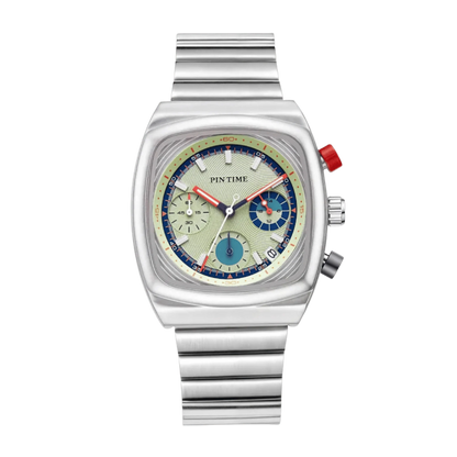 Montre homme carré sport chronographe cadran vert argent bracelet intégré 45mm