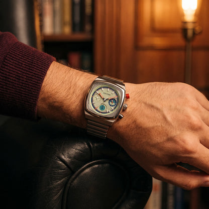 Montre homme carré chronographe portée au poignet vue rapprochée du cadran