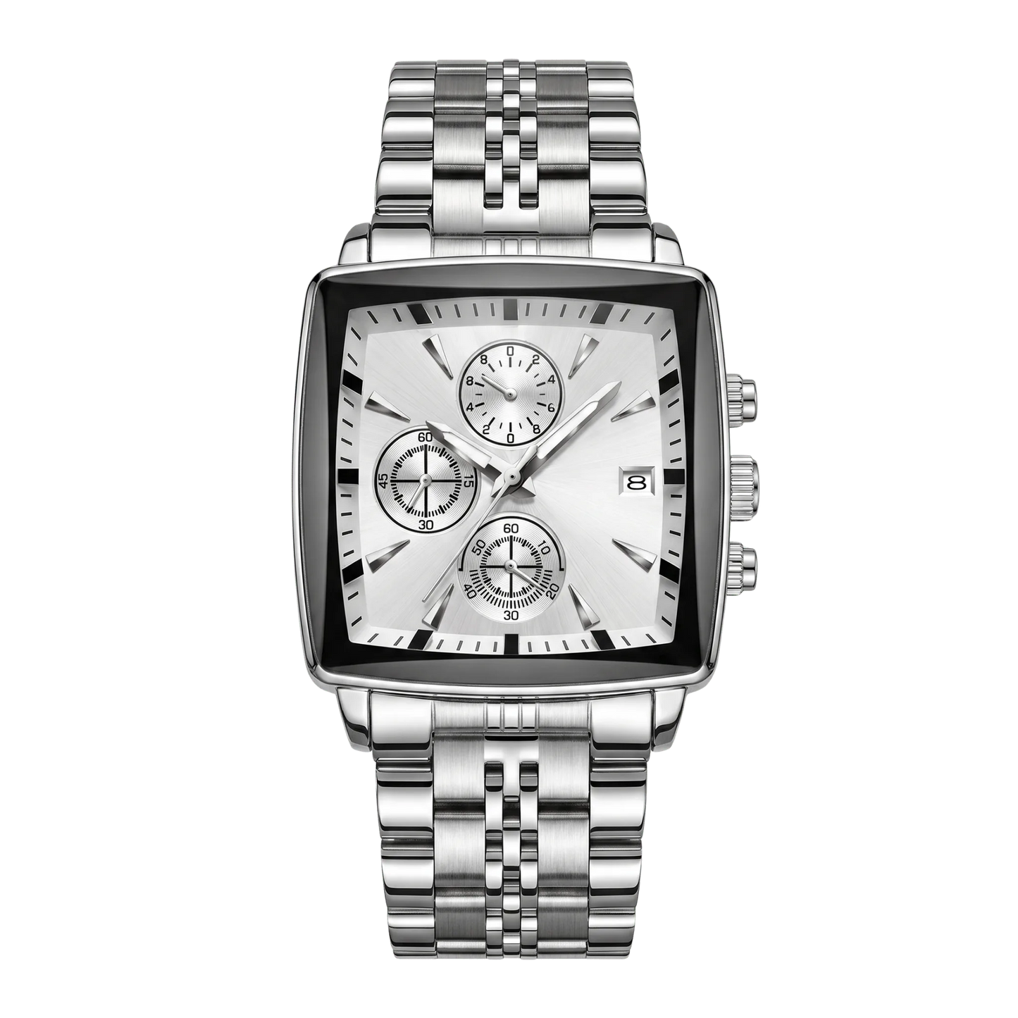 Montre homme carré luxe chronographe acier inoxydable cadran blanc 42mm