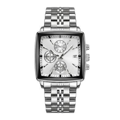 Montre homme carré luxe chronographe acier inoxydable cadran blanc 42mm