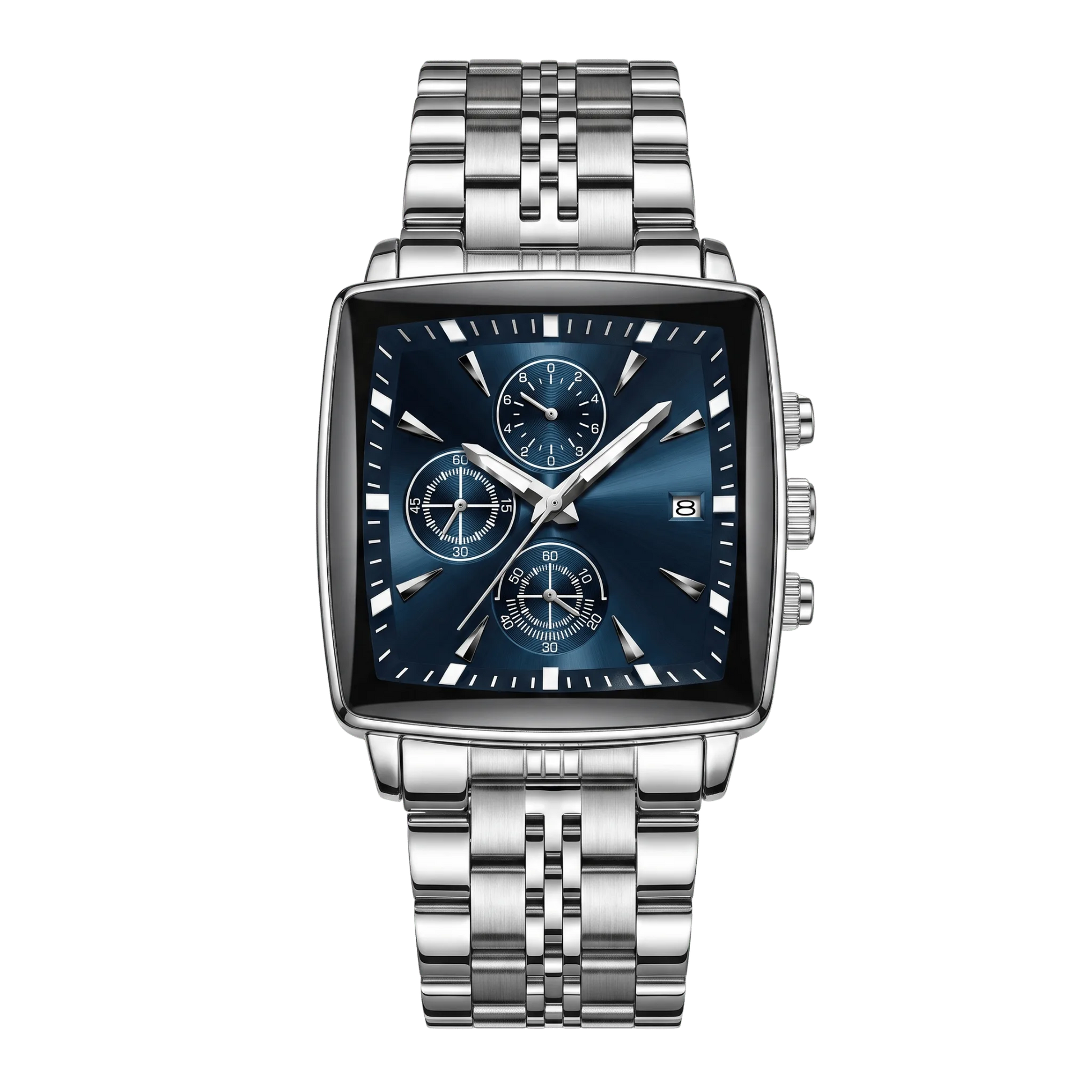 Montre homme carré luxe chronographe acier inoxydable cadran bleu 42mm