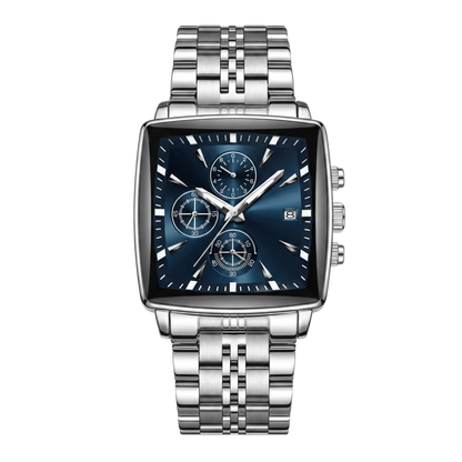 Montre homme carré luxe chronographe acier inoxydable cadran bleu 42mm