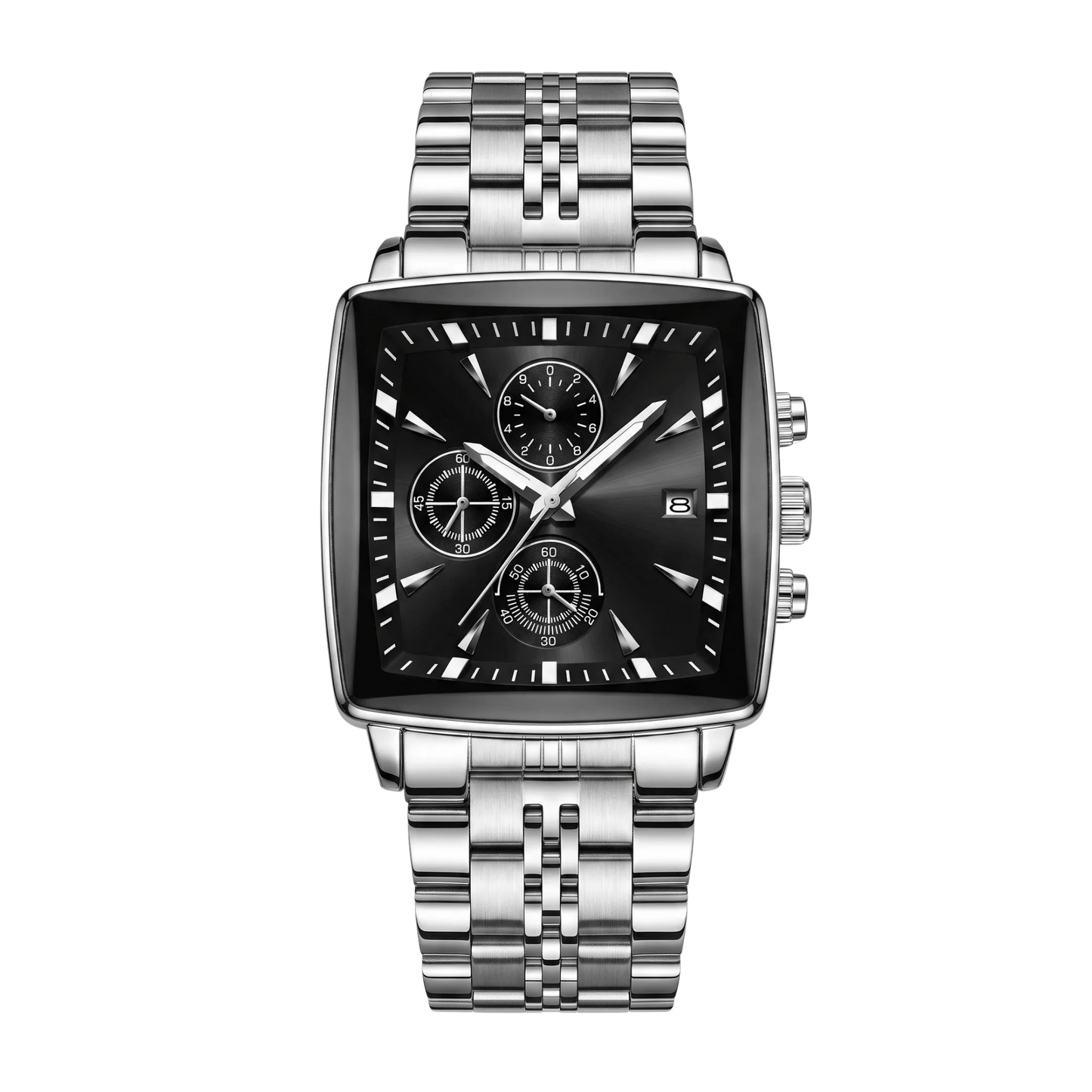 Montre homme carré luxe chronographe acier inoxydable cadran noir 42mm
