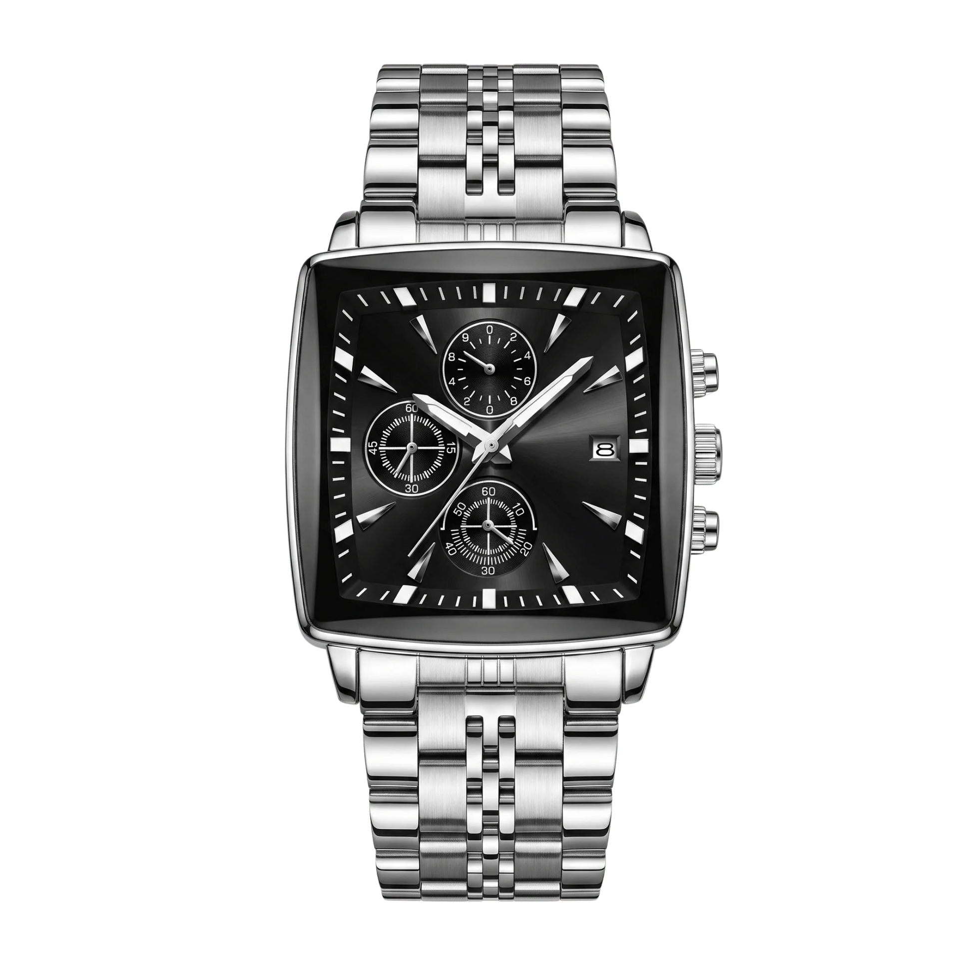 Montre homme carré luxe chronographe acier inoxydable cadran noir 42mm