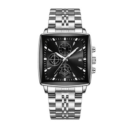 Montre homme carré luxe chronographe acier inoxydable cadran noir 42mm