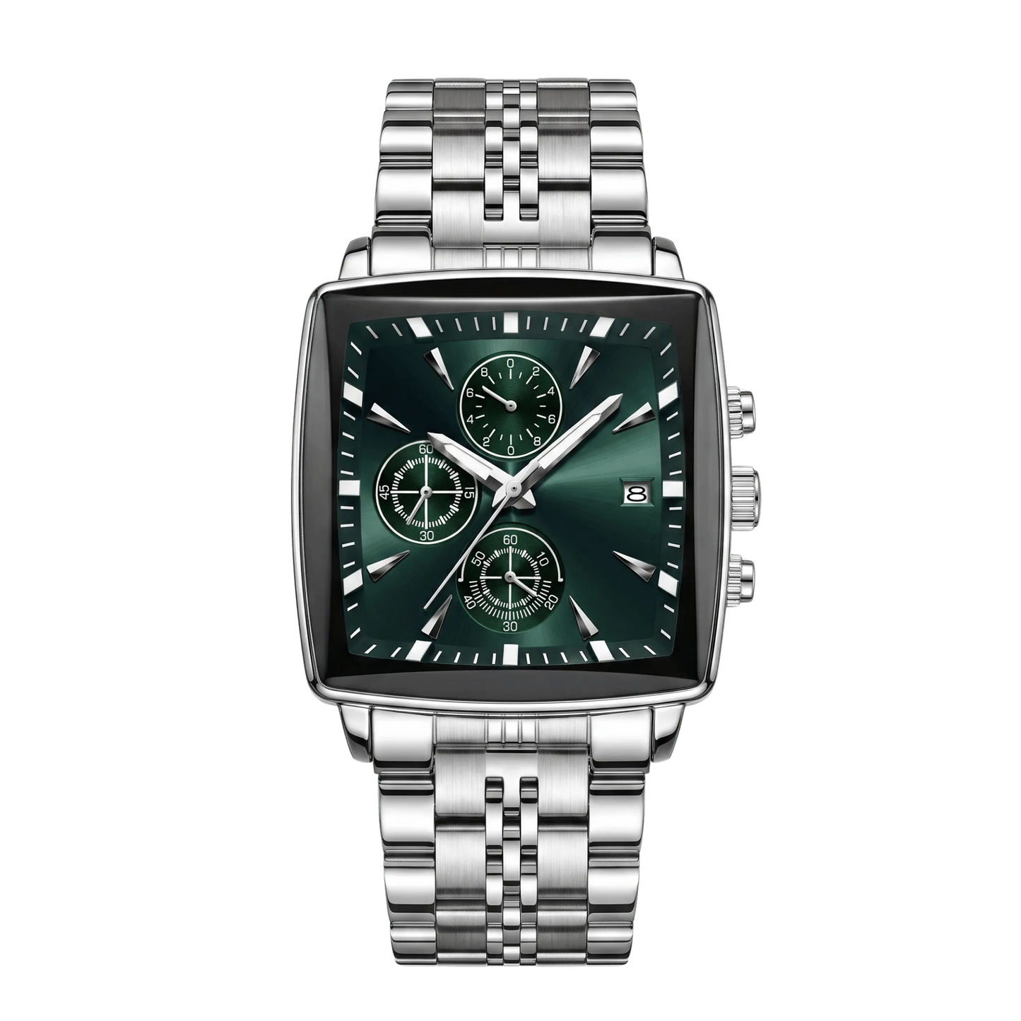 Montre homme carré luxe chronographe acier inoxydable cadran vert 42mm