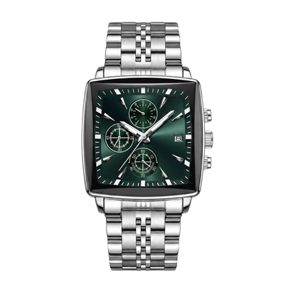 Montre homme carré luxe chronographe acier inoxydable cadran vert 42mm