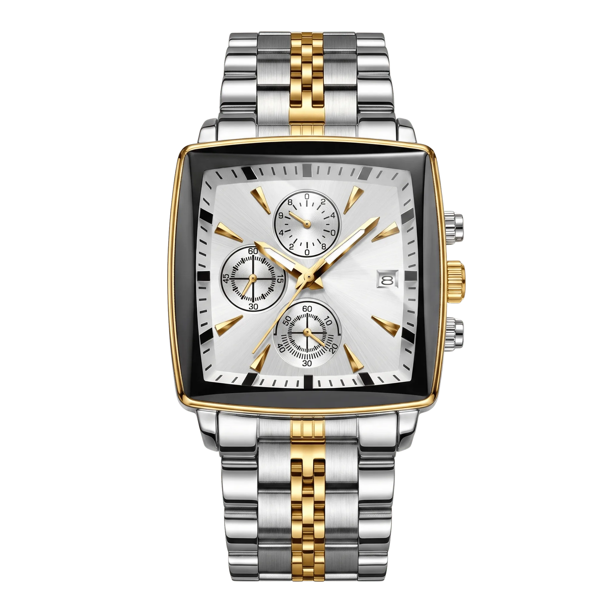 Montre homme carré luxe chronographe bicolore or et acier cadran blanc 42mm