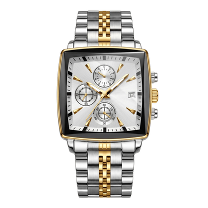 Montre homme carré luxe chronographe bicolore or et acier cadran blanc 42mm