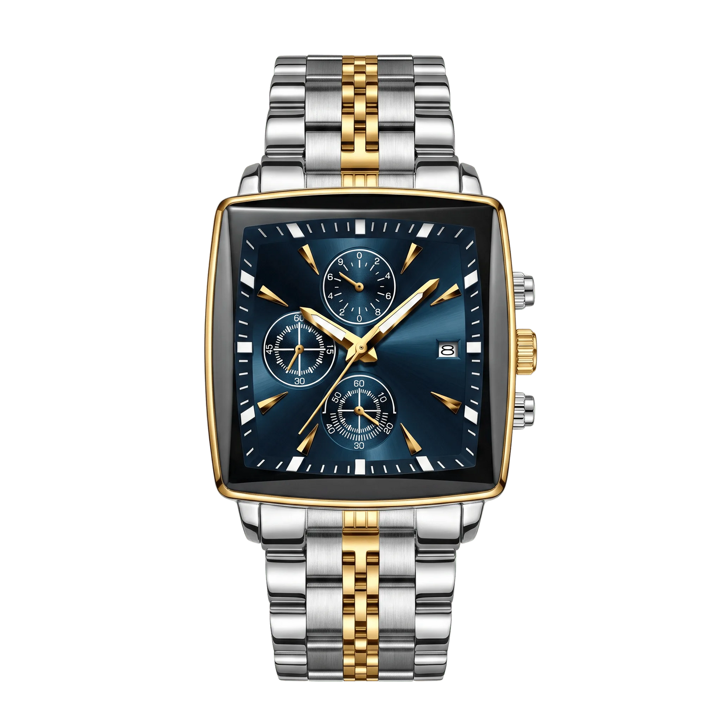 Montre homme carré luxe chronographe bicolore or et acier cadran bleu 42mm