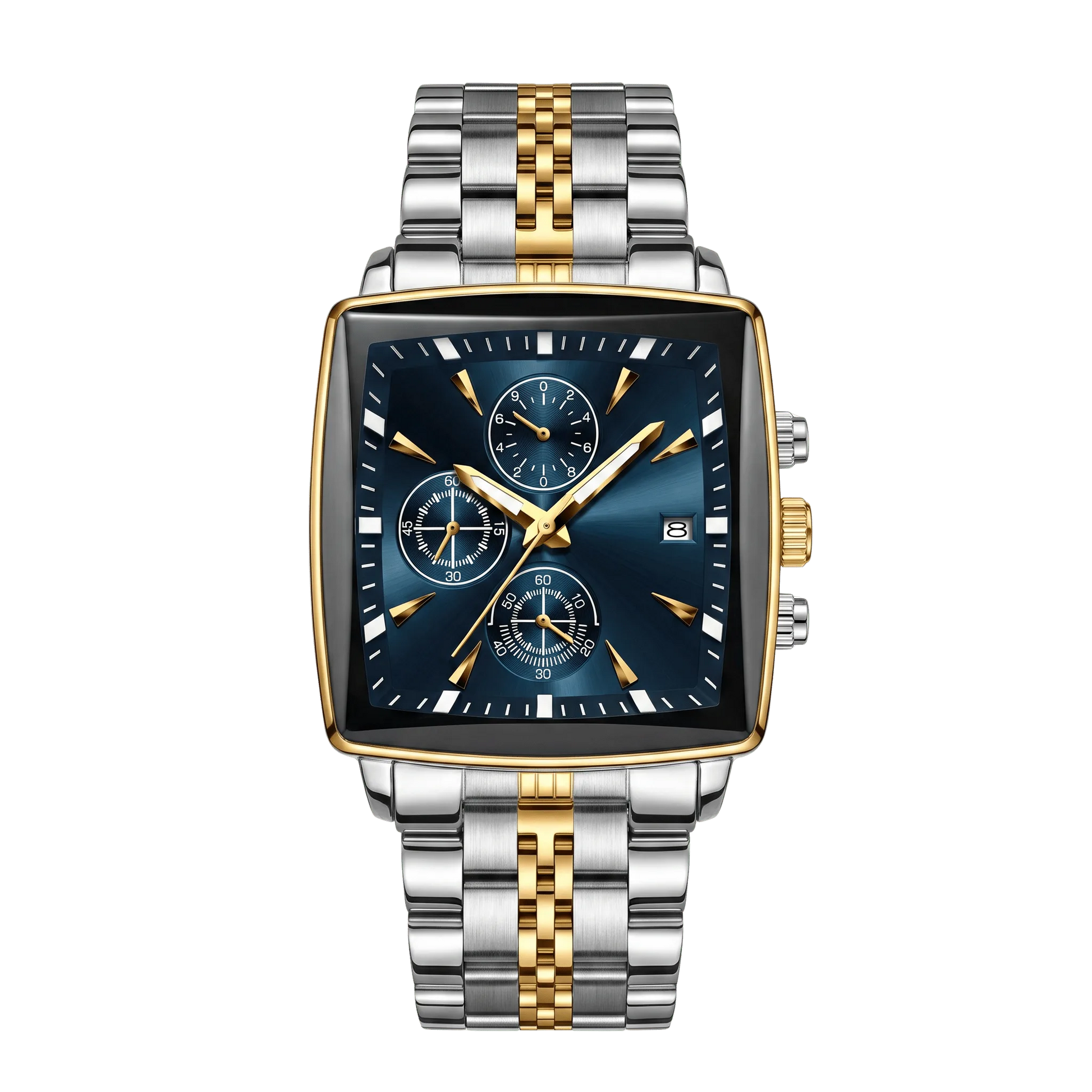 Montre homme carré luxe chronographe bicolore or et acier cadran bleu 42mm