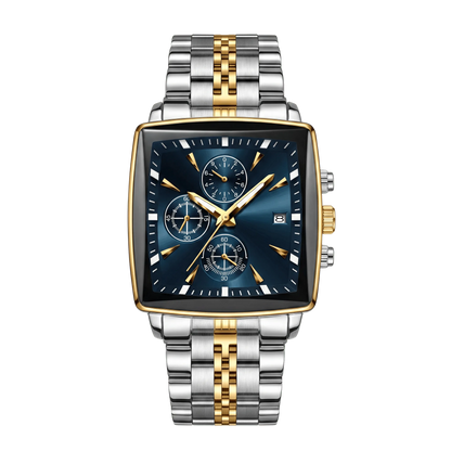 Montre homme carré luxe chronographe bicolore or et acier cadran bleu 42mm