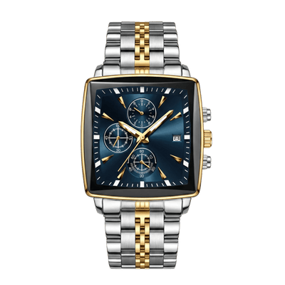 Montre homme carré luxe chronographe bicolore or et acier cadran bleu 42mm