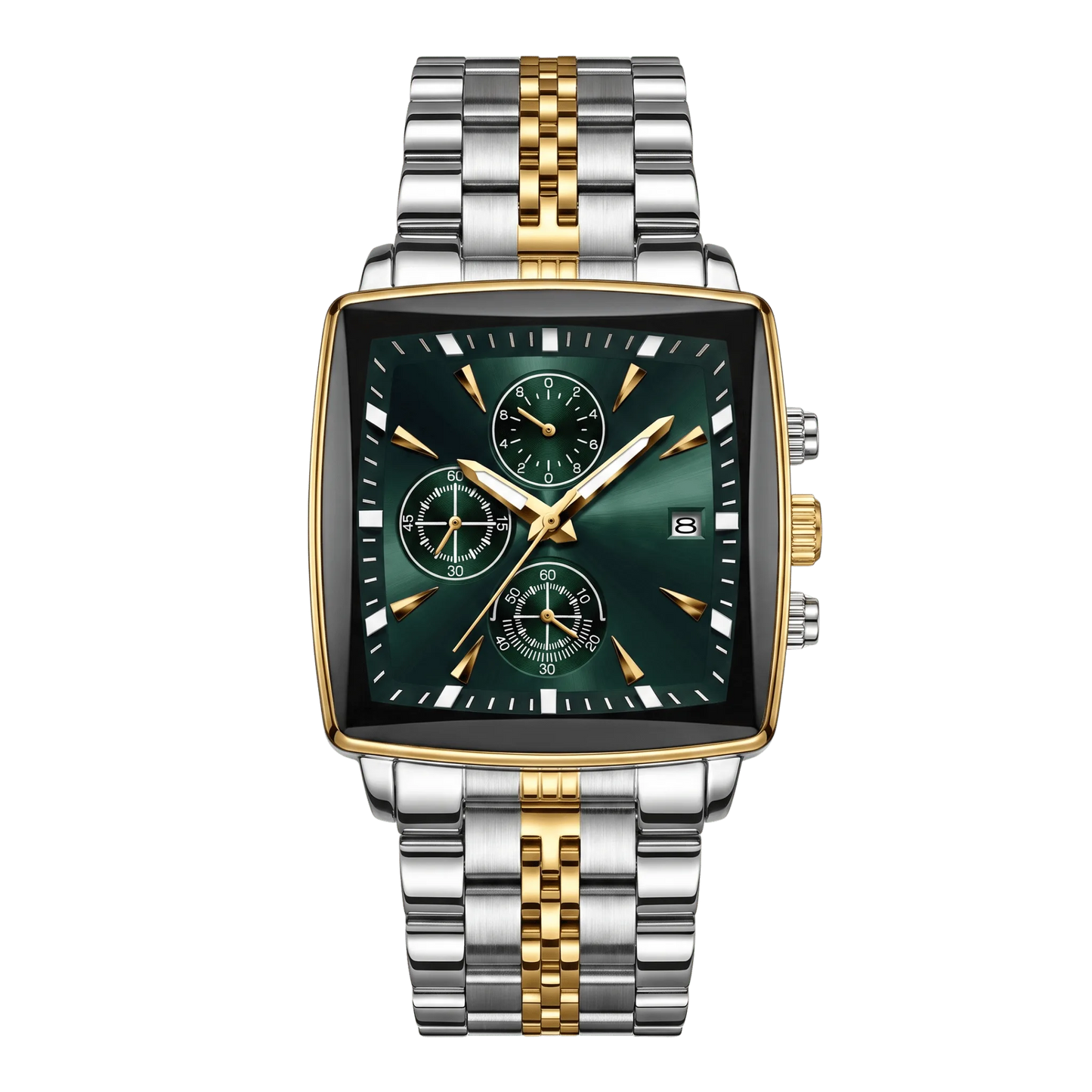 Montre homme carré luxe chronographe bicolore or et acier cadran noir 42mm