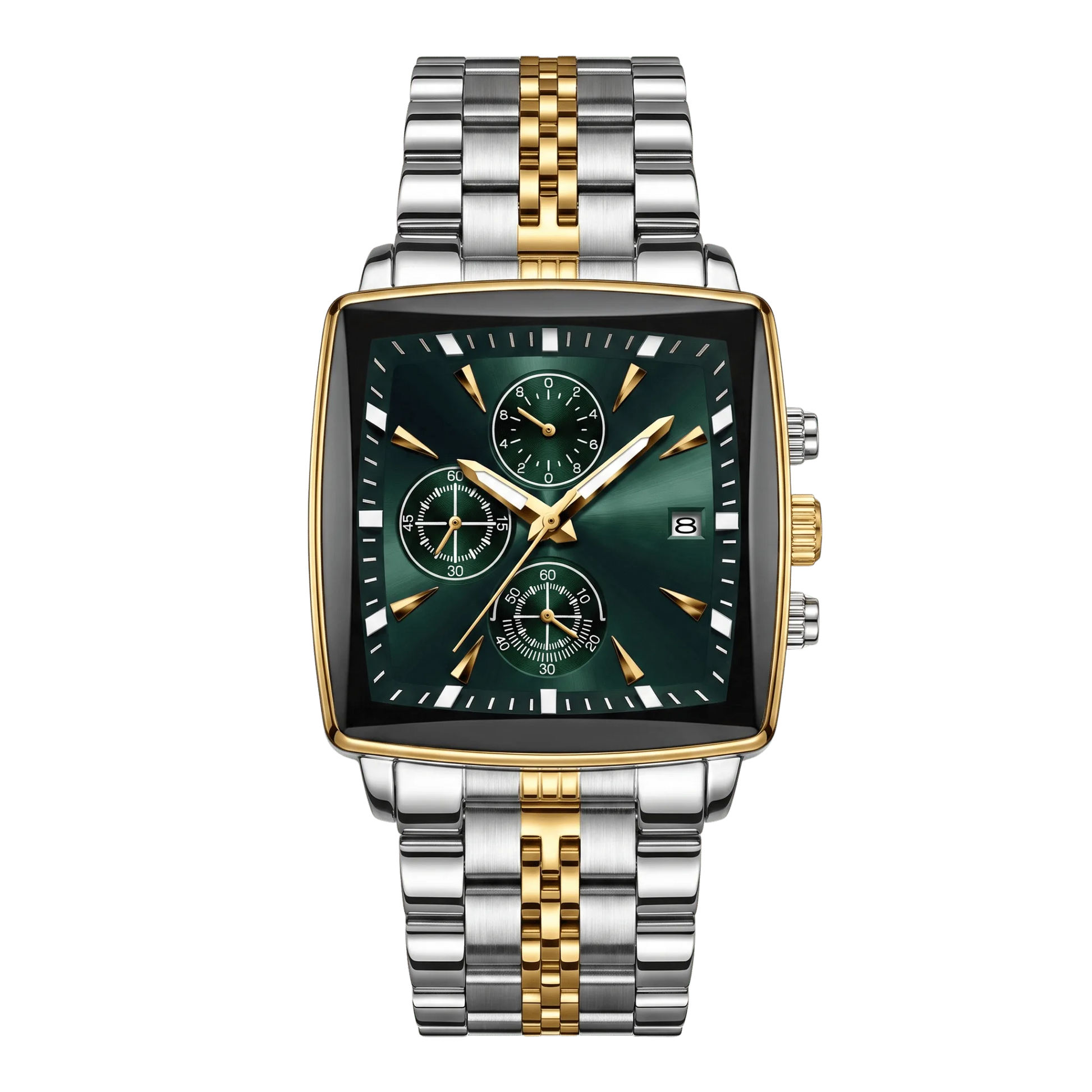 Montre homme carré luxe chronographe bicolore or et acier cadran noir 42mm