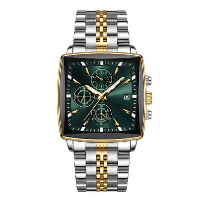 Montre homme carré luxe chronographe bicolore or et acier cadran noir 42mm