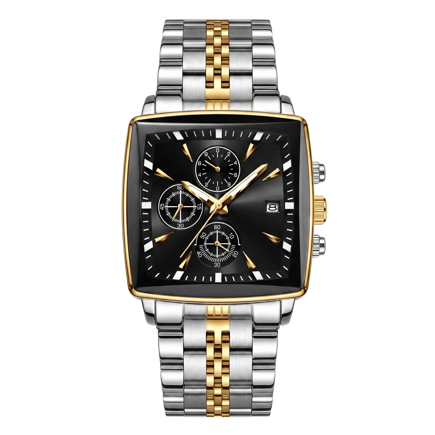 Montre homme carré luxe chronographe bicolore or et acier cadran vert 42mm