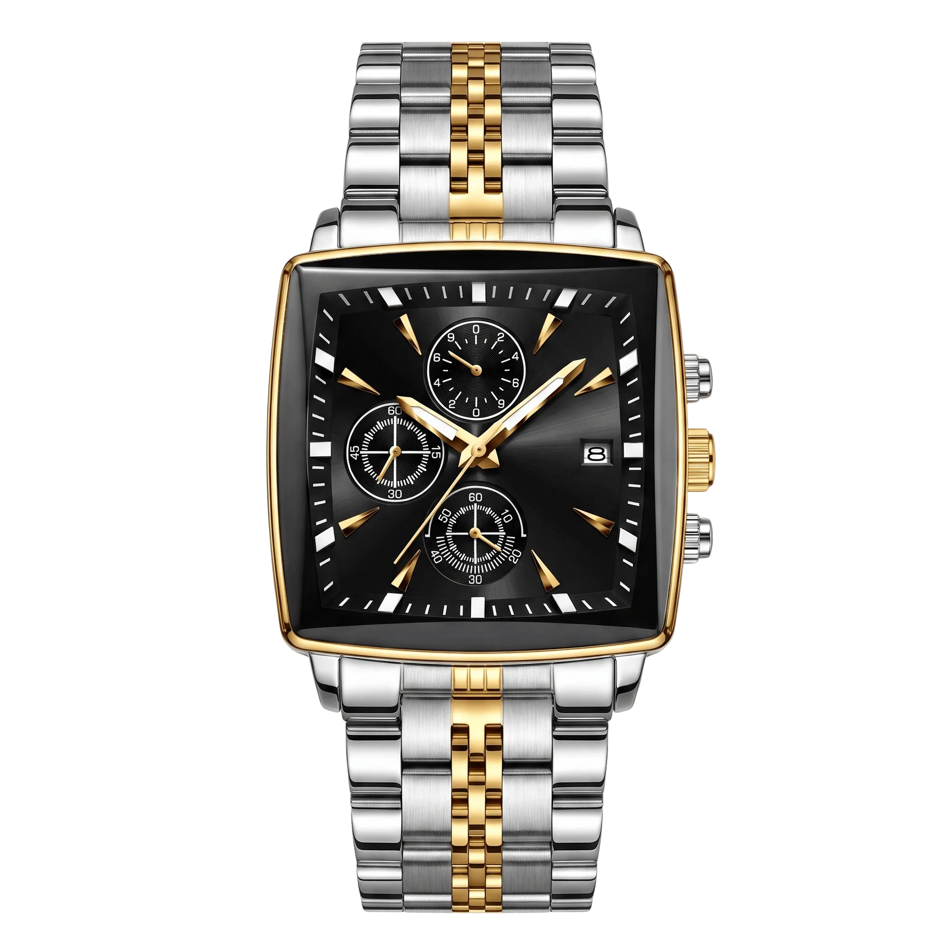 Montre homme carré luxe chronographe bicolore or et acier cadran vert 42mm