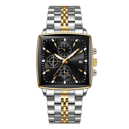 Montre homme carré luxe chronographe bicolore or et acier cadran vert 42mm