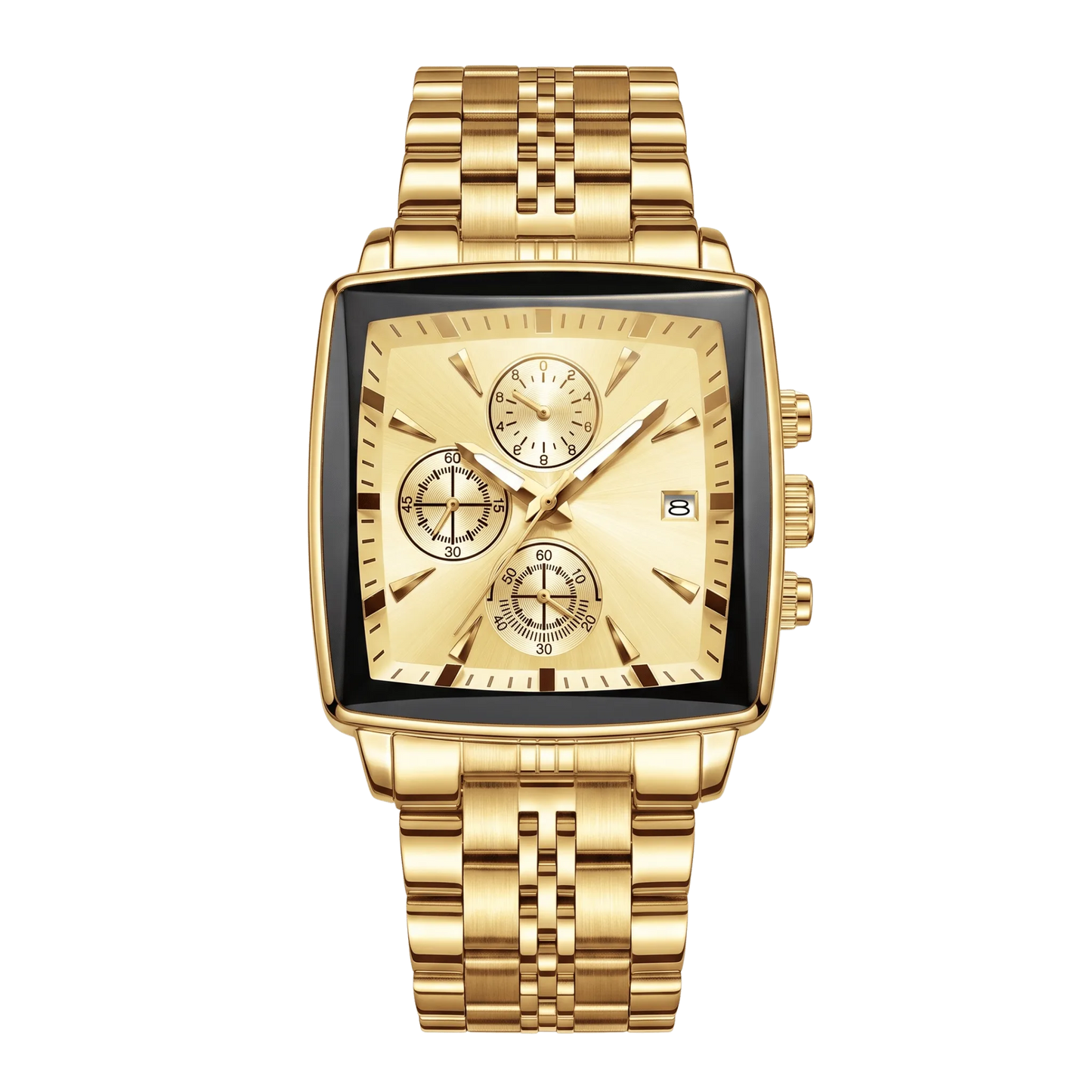 Montre homme carré luxe chronographe dorée cadran or 42mm