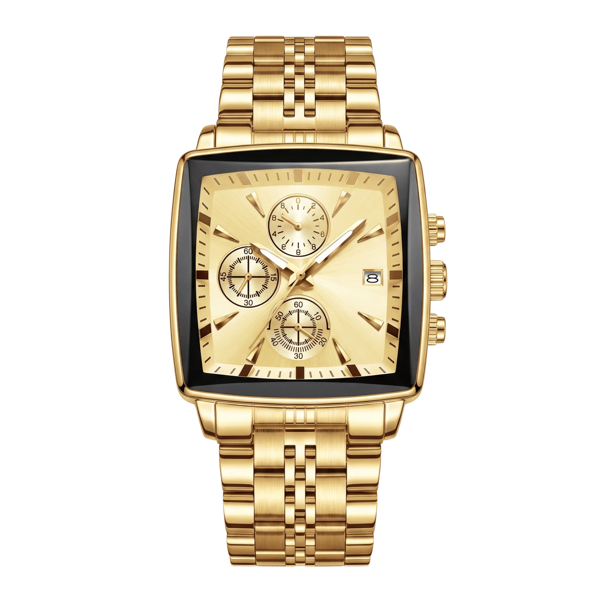 Montre homme carré luxe chronographe dorée cadran or 42mm