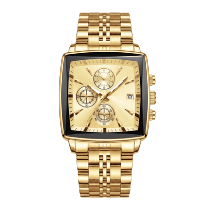 Montre homme carré luxe chronographe dorée cadran or 42mm