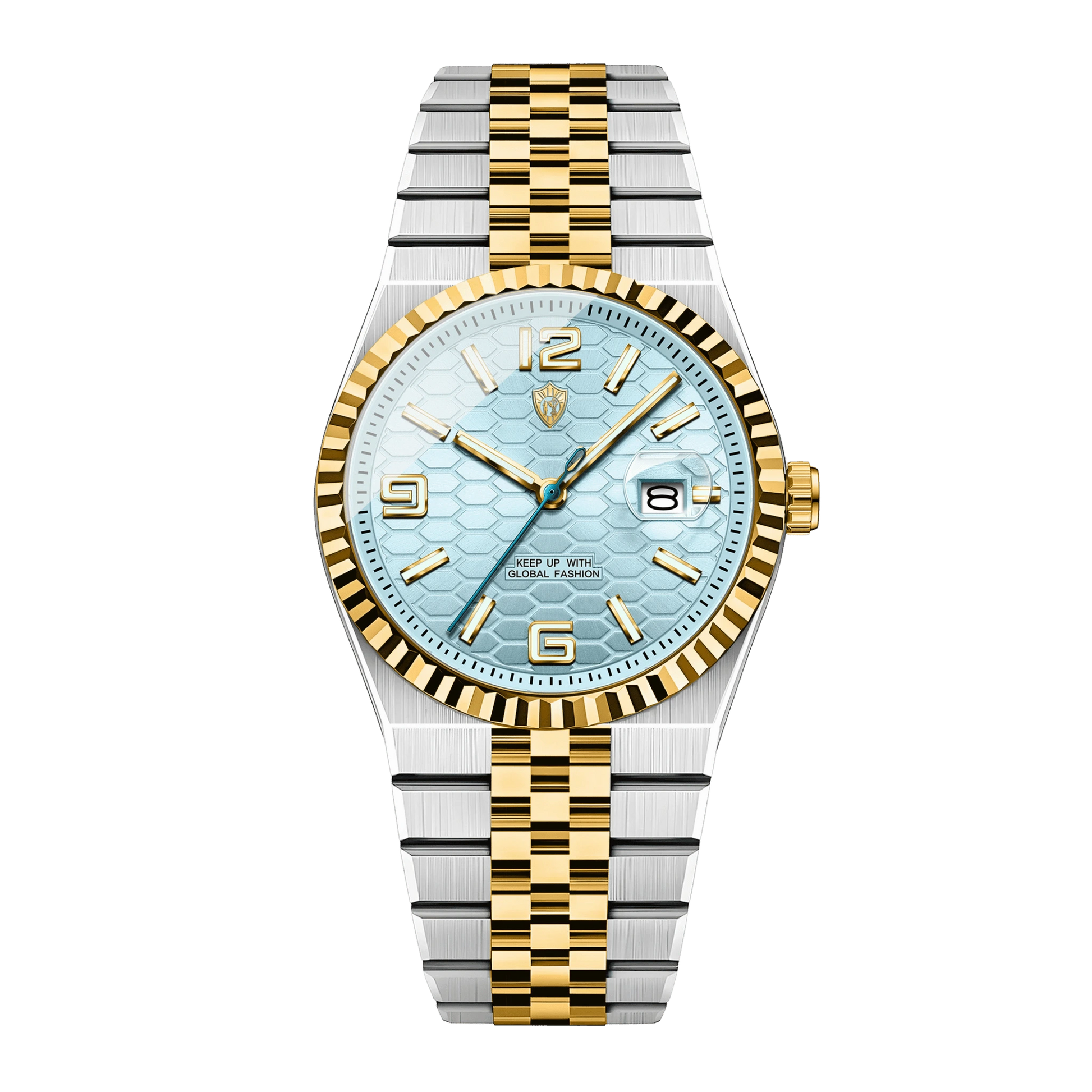 Montre homme luxe bicolore or et acier cadran bleu clair bracelet jubilé 40mm