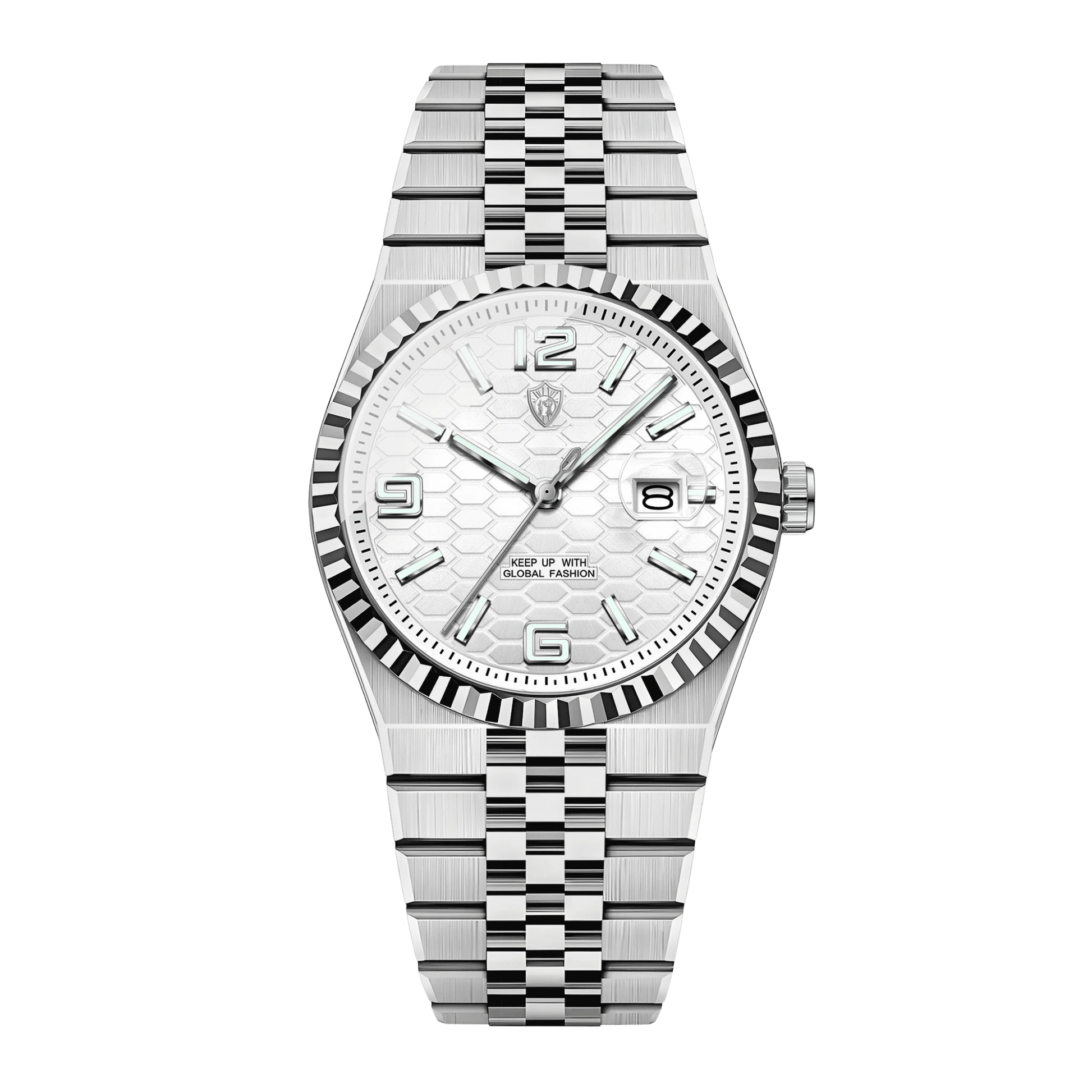 Montre homme luxe cadran blanc texturé bracelet jubilé acier inoxydable 40mm