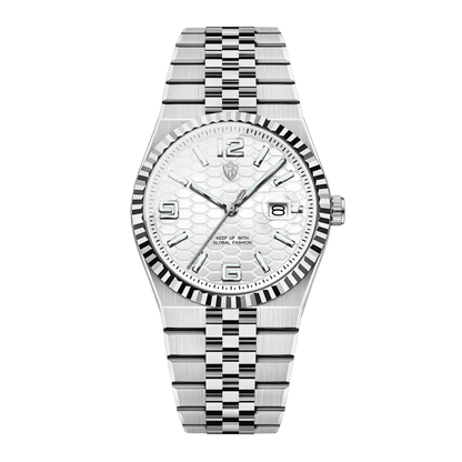 Montre homme luxe cadran blanc texturé bracelet jubilé acier inoxydable 40mm