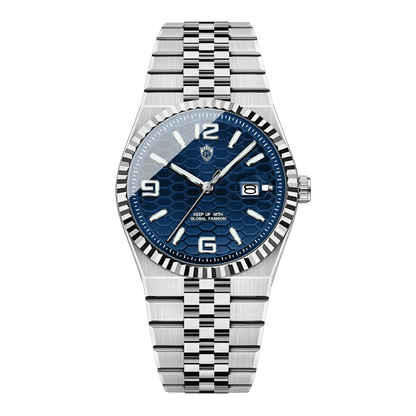 Montre homme luxe cadran bleu texturé bracelet jubilé acier inoxydable 40mm