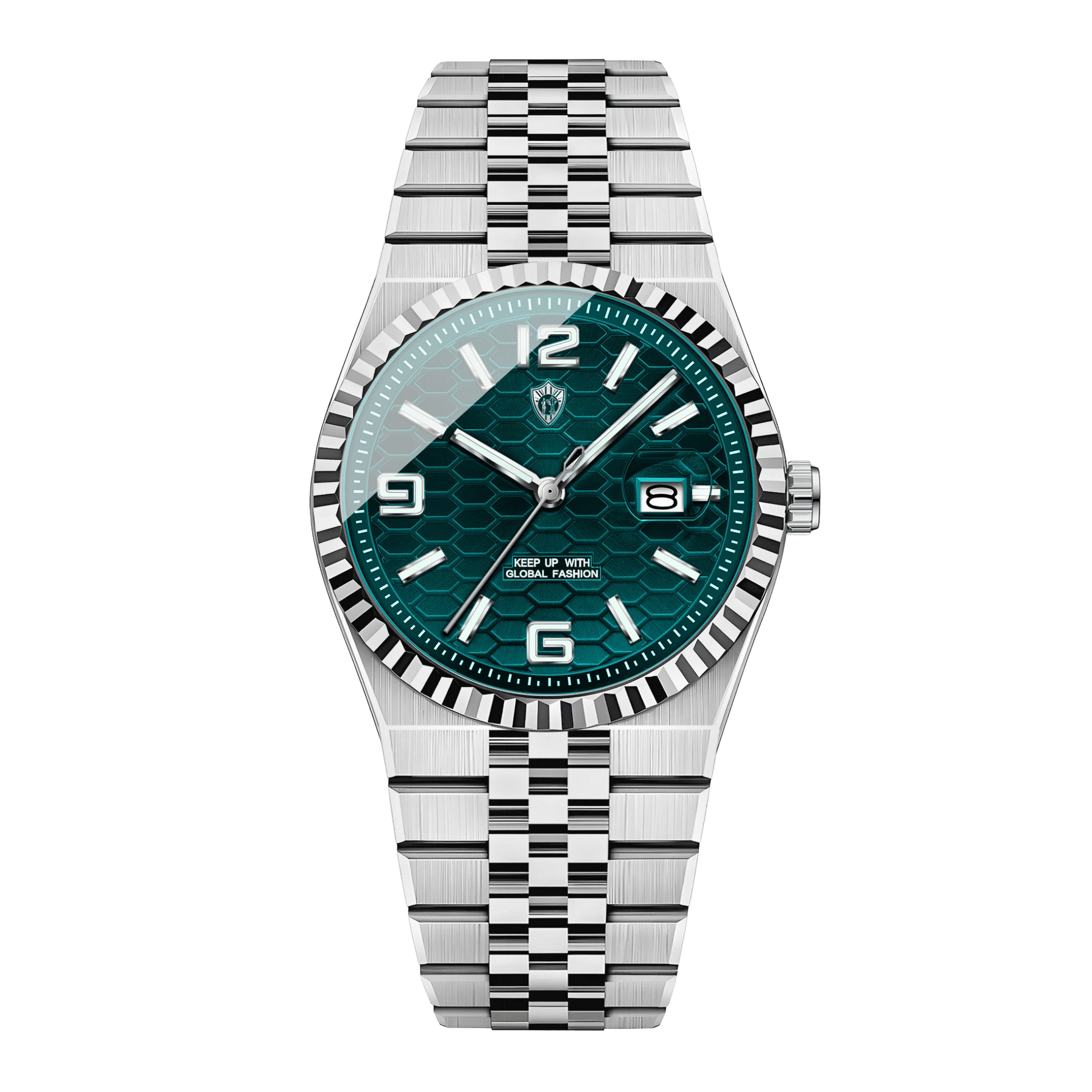 Vue latérale montre homme luxe cadran bleu clair bracelet jubilé acier 40mm