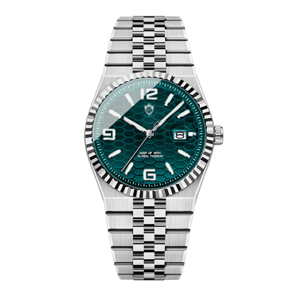 Vue latérale montre homme luxe cadran bleu clair bracelet jubilé acier 40mm