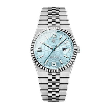 Montre homme luxe cadran bleu clair texturé bracelet jubilé acier inoxydable 40mm