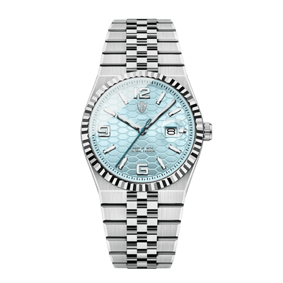 Montre homme luxe cadran bleu clair texturé bracelet jubilé acier inoxydable 40mm
