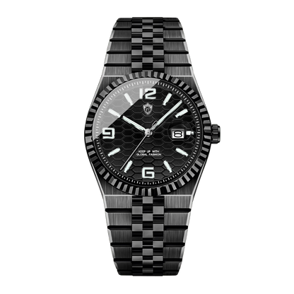 Montre homme luxe cadran gris acier bracelet jubilé vue studio fond noir