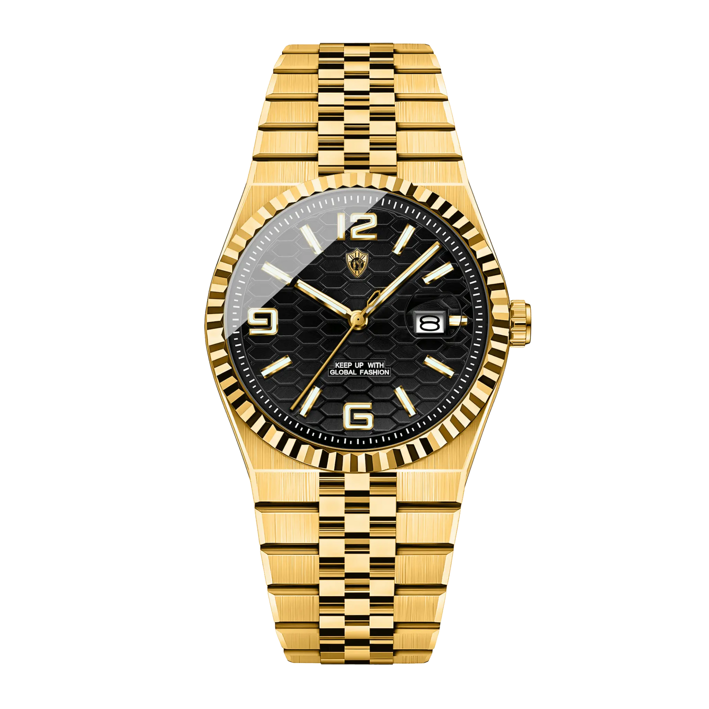 Montre homme luxe cadran noir acier inoxydable bracelet jubilé vue studio