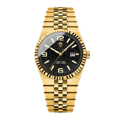 Montre homme luxe cadran noir acier inoxydable bracelet jubilé vue studio