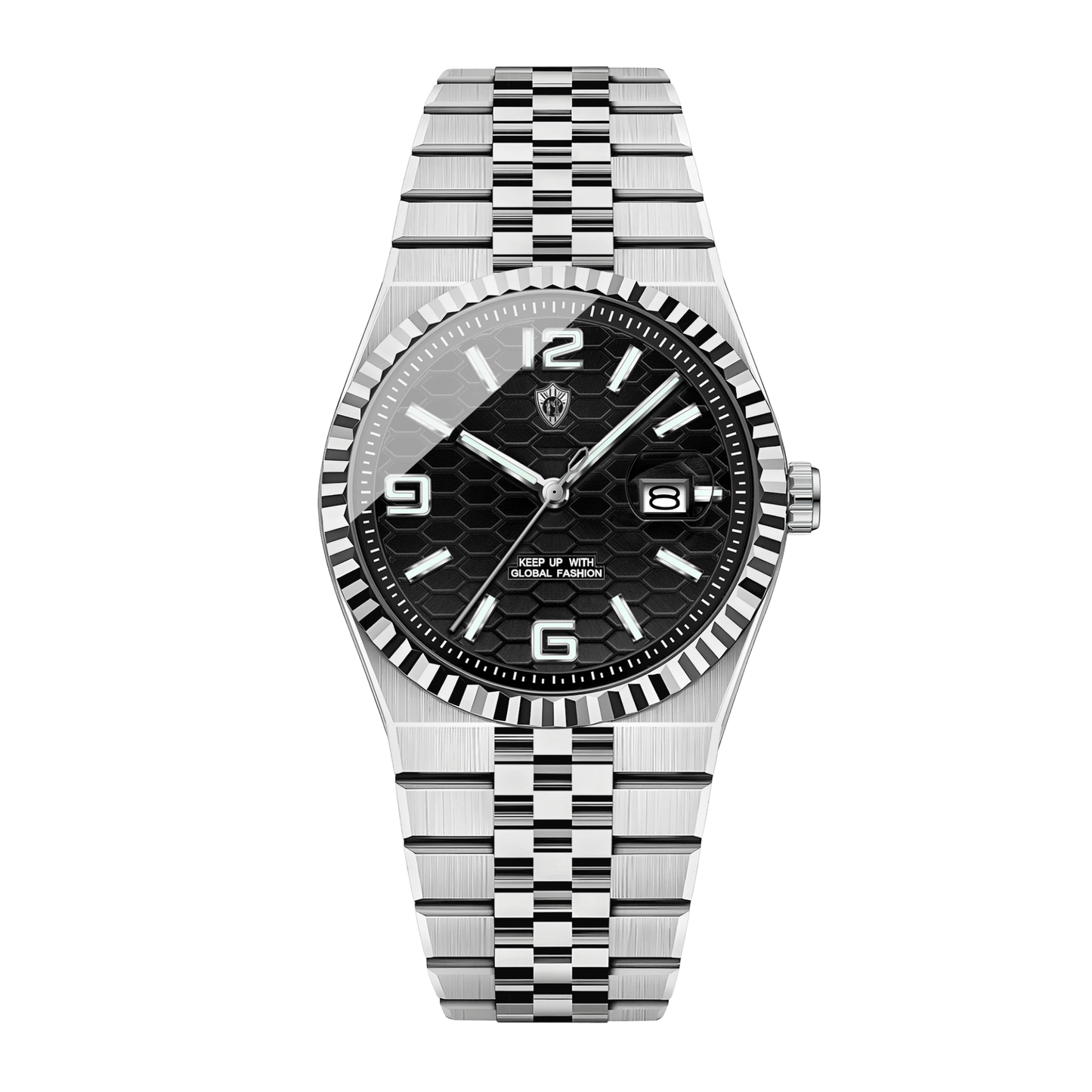 Montre homme luxe cadran noir texturé bracelet jubilé acier inoxydable 40mm