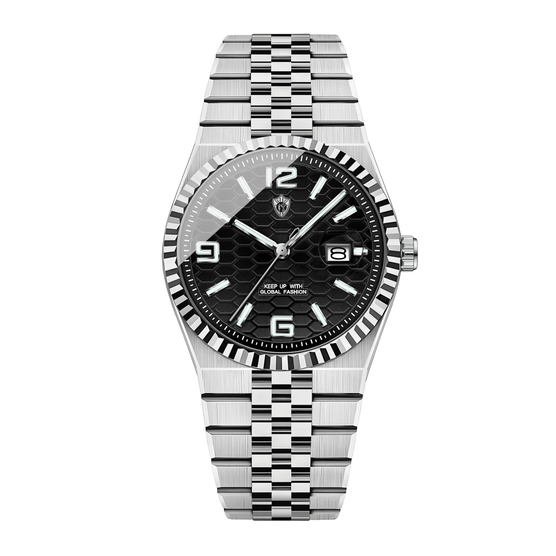 Montre homme luxe cadran noir texturé bracelet jubilé acier inoxydable 40mm