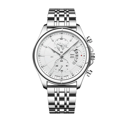 Montre homme luxe chronographe verre saphir argent cadran blanc bracelet acier 42mm