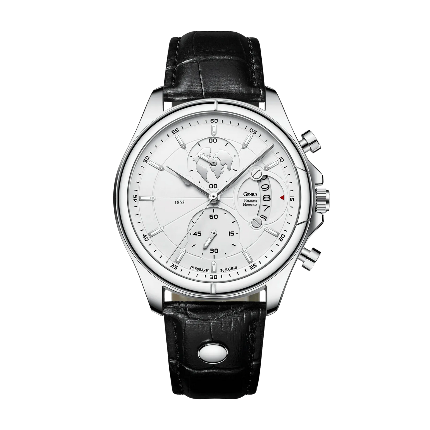 Montre homme luxe chronographe verre saphir argent cadran blanc cuir blanc 42mm